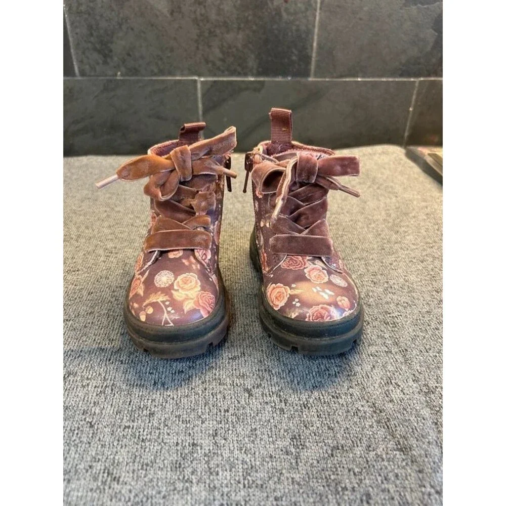 H&M Girls Velvet Plum Floral Combat Boots